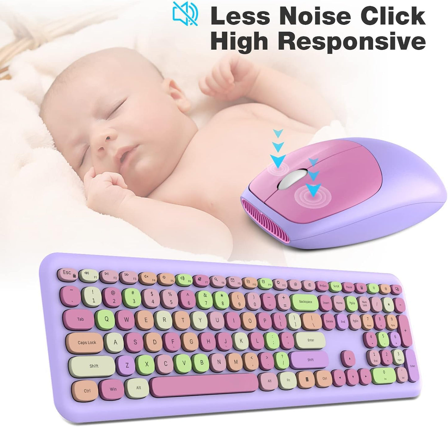 KNOWSQT Wireless Keyboard and Mouse Combo, Pale Purple Full-Sized 2.4G Silent Keycap Colorful Keyboards, USB Dongle Plug Play, for Laptop, Windows, PC, Computer, Desktop