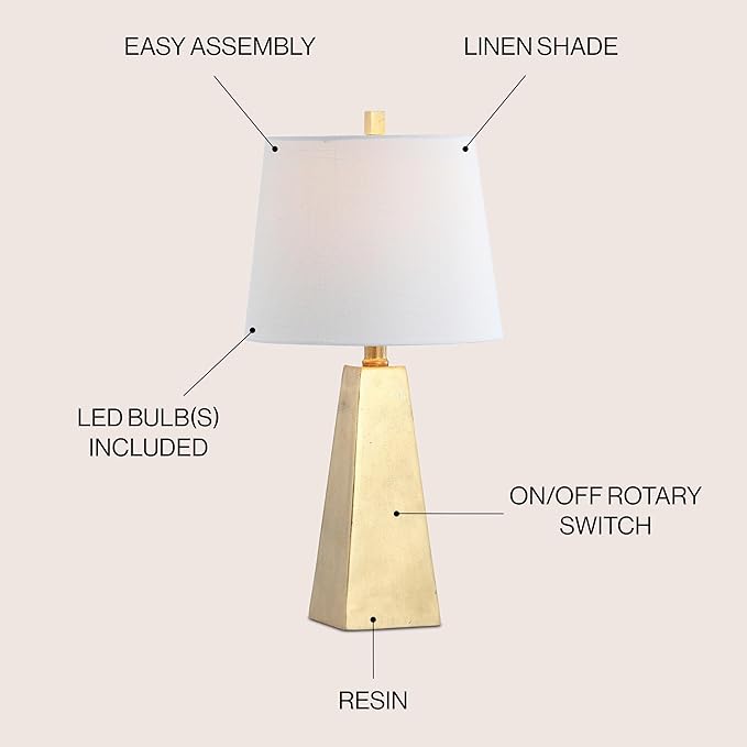 JONATHAN Y 20.5" Gold Painting Modern Resin Table Lamp for Bedroom Living Room, Contemporary Faceted Bedside Lamp with White Linen Shade, LED Bulb Included (JYL1038A)