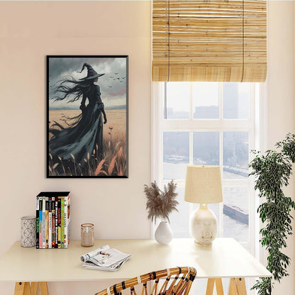 JFHCQJPK Gothic Decor Canvas Wall Art Witch in Rice Field Halloween Art Decor Print Nature Print Victorian Home Bedroom20x30in Metal blackFramed