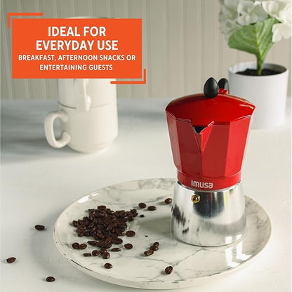 Imusa USA Red Aluminum Stovetop 6-cup Classic Italian and Cuban Espresso Maker (B120-43T), Silver/Red