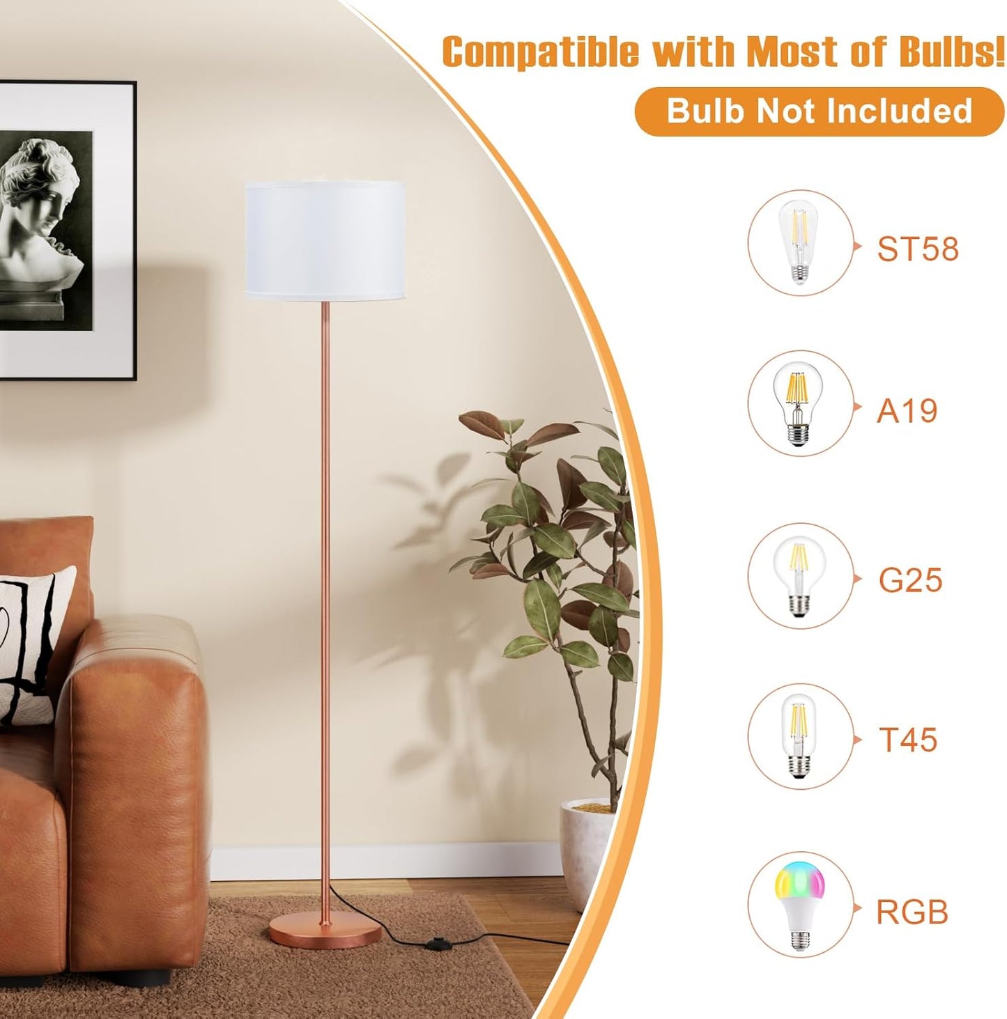 Ambimall 60'' Modern Floor Lamp with Shade, Tall Lamps for Living Room, Bedroom, Office, Dining Room, White Shade with Rose Gold Pole(Without Bulb)