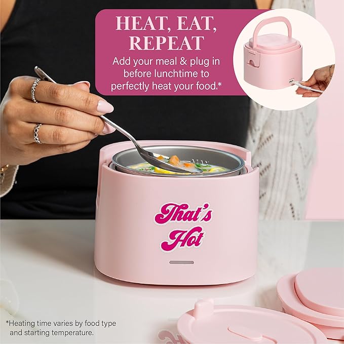 Paris Hilton Electric Lunch Warmer, 20-Ounce Stainless Steel Portable Food Container With Sealing Lid, Removable 2.5-Cup Inner Dish, “That’s Hot” Front Decal, Pink