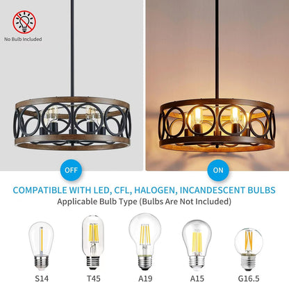XINGQI 21.7'' Modern Chandelier, Farmhouse Drum Chandeliers for Dining Room Living Room Bedroom 5-Light Pendant Lighting Round Black Metal Antique Wood Grain Finish Adjustable