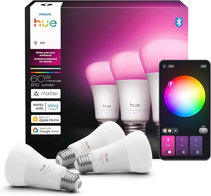 Philips Hue Smart LED A19 Bulb, 1 Pack, White & Color Ambiance, E26 Base, 7.2W, Full Spectrum Light 1000K-20000K, 810 Lumens, Dimmable LED Bulbs, Works with Alexa, Google,& Apple Home