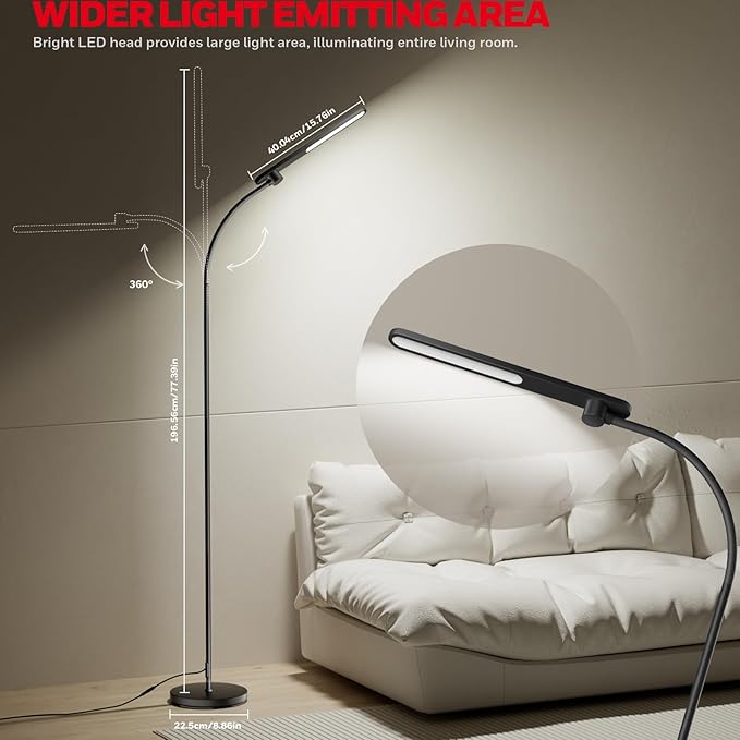 Honeywell F4 Sunturalux™ LED Floor Lamp, CRI 97 Full-Spectrum Eye-Caring Light, Stepless Dimmable Task Lamp with Flexible Gooseneck, 77.5" Tall Reading Lamp for Living Room & Office