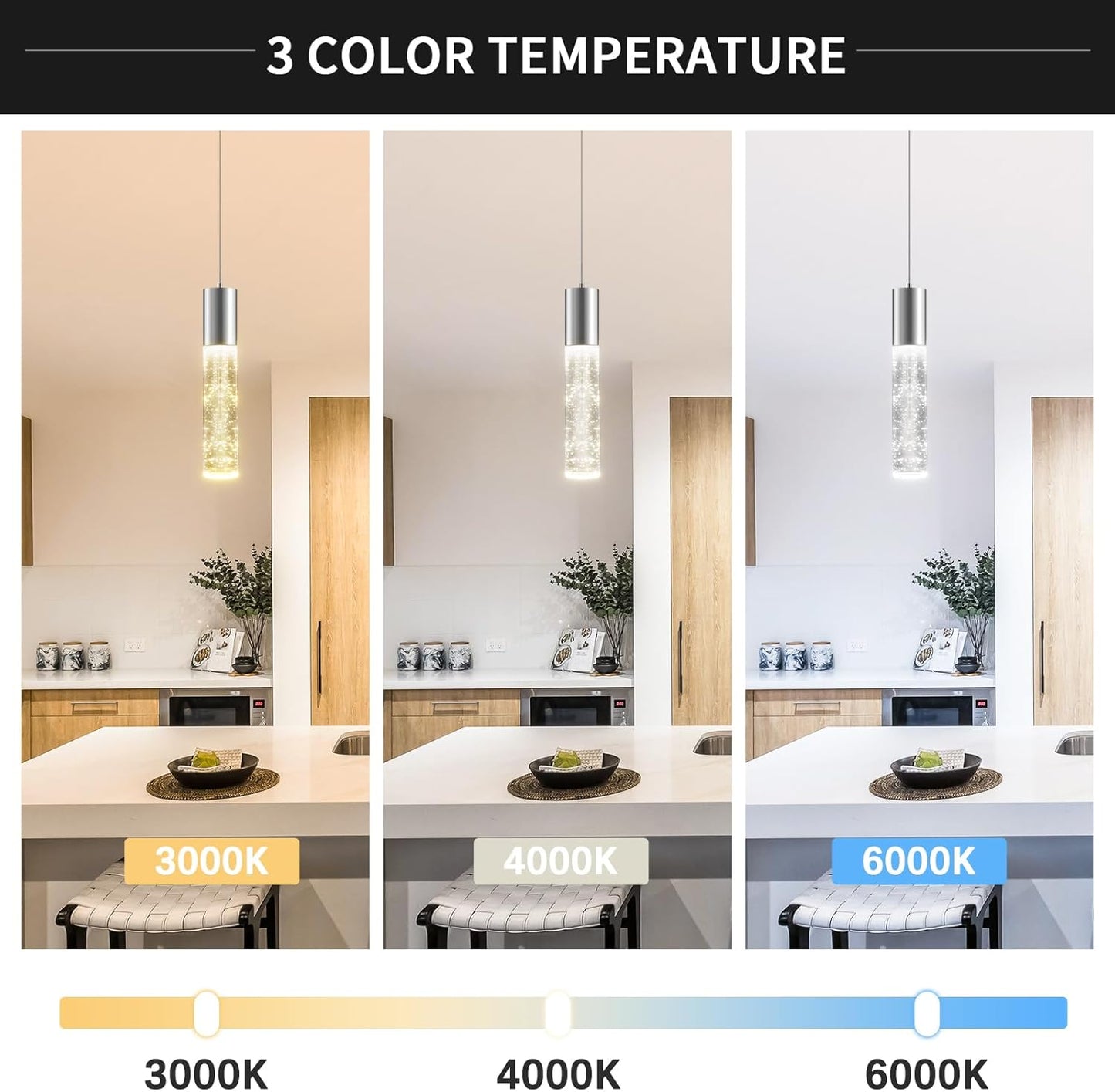 OKELI Modern Pendant Lights,3 Color LED Bubble Crystal Island Light Fixtures,Chrome Mini Pendant Lighting for Kitchen Island,Bar,6W,3000-6000K,ETL,3 Pack