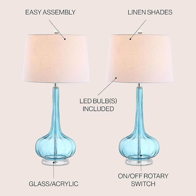 JONATHAN Y 28.5" Aqua Glass Teardrop LED Table Lamp Set of 2 for Living Room Bedroom Nightstand, White Linen Shade Modern Transitional Bedside Desk Lamp (JYL1079B-SET2)