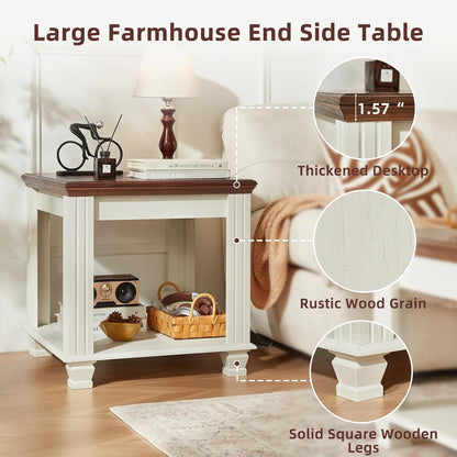 Farmhouse End Table Set of 2,Large Side Table with 2-Tier Storage Shelf,Rustic Wood End Tables for Living Room,Square Tea Table,White