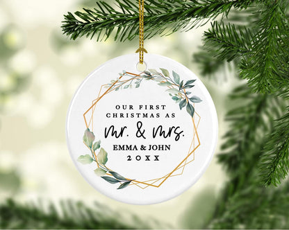 Andaz Press Personalized Our First Christmas As Mr. & Mrs. 2025 Christmas Ornaments Geometric Greenery 2.8" Round Porcelain Ceramic 1st Year Married Custom Ornament for Newlyweds Keepsake 1-Pack