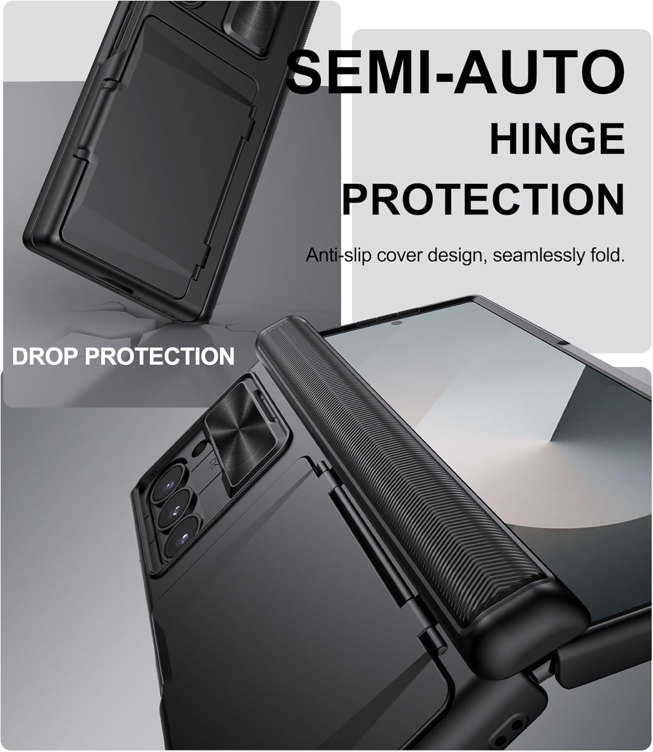 for Samsung Galaxy Z Fold 6 Case with Card Holder & Slide Camera Cover, Built-in Screen Protector & Hinge Protection, Shockproof Durable Wallet Phone Cover Case for Galaxy Z Fold 6 2024, Black