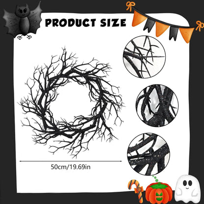 Halloween Black Branch Wreath - 20 Inch Glitter Black Twig Halloween Wreaths with Red Lights for Front Door Indoor Outdoor Party Window Wall Decor Farmhouse Garland Yard