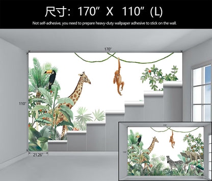WFBHUA-Kids Safari Wallpaper Tropical Jungle Botanical Leaf Wall Mural for Nursery Boys Bedroom Girls Bedroom Playroom (Not Peel and Stick)