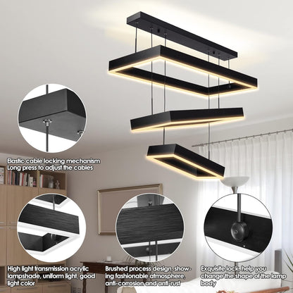 Modern 3 Rings Rectangle Chandelier for Living Room - Adjustable Height Luxury Foyer Lighting Fixture for High Ceiling, Hanging Dining Room LED Pendant Light
