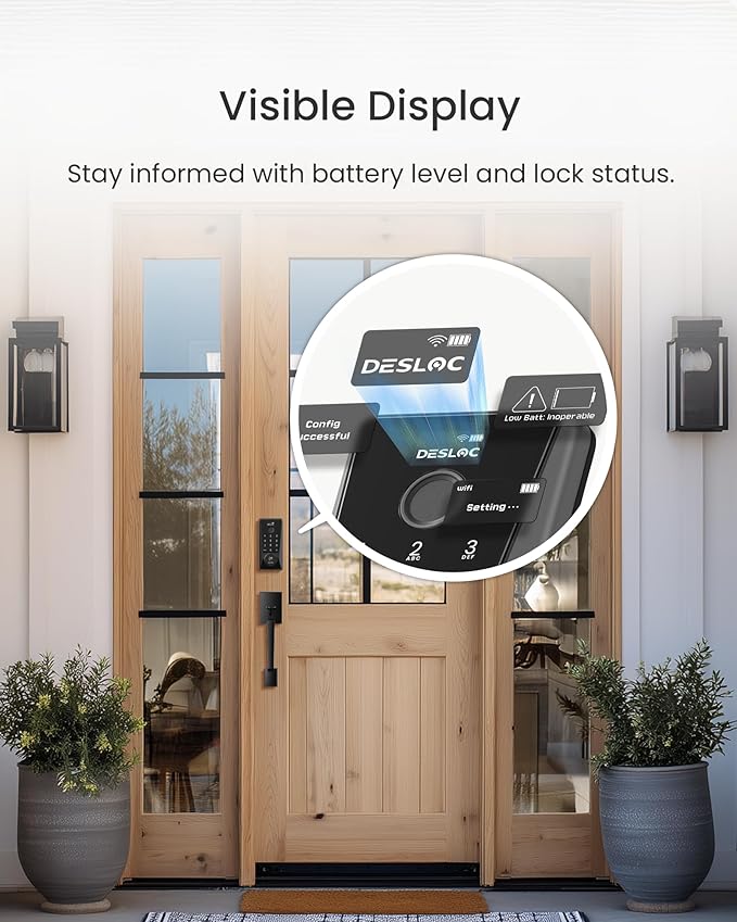 DESLOC Smart Lock D110 Plus with Handle Set, Fingerprint Keyless Entry Door Lock, Built-in Wi-Fi, App Remote Control, Smart Locks for Front Door, Keypad deadbolt with LockVue Display, IP54 (Black)