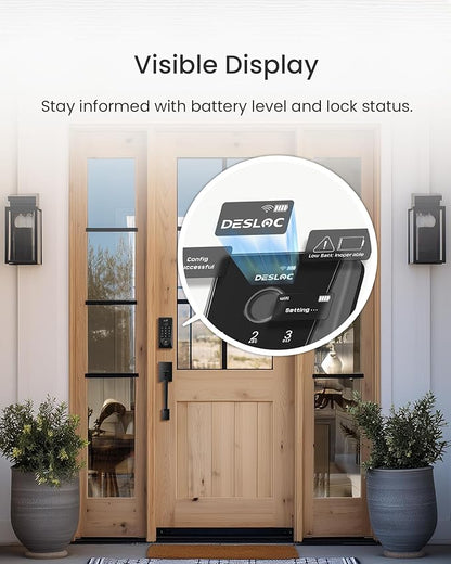 DESLOC Smart Lock D110 Plus with Handle Set, Fingerprint Keyless Entry Door Lock, Built-in Wi-Fi, App Remote Control, Smart Locks for Front Door, Keypad deadbolt with LockVue Display, IP54 (Black)
