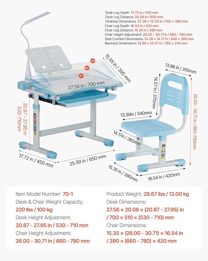 VEVOR Kids Study Chair and Desk Set, Study Desk and Chair for Kids with Table Lamp, Adjustable Height & 0-40 Tilted Desktop, Blue