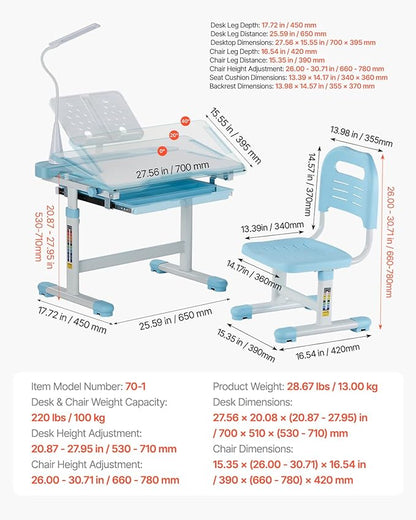 VEVOR Kids Study Chair and Desk Set, Study Desk and Chair for Kids with Table Lamp, Adjustable Height & 0-40 Tilted Desktop, Blue