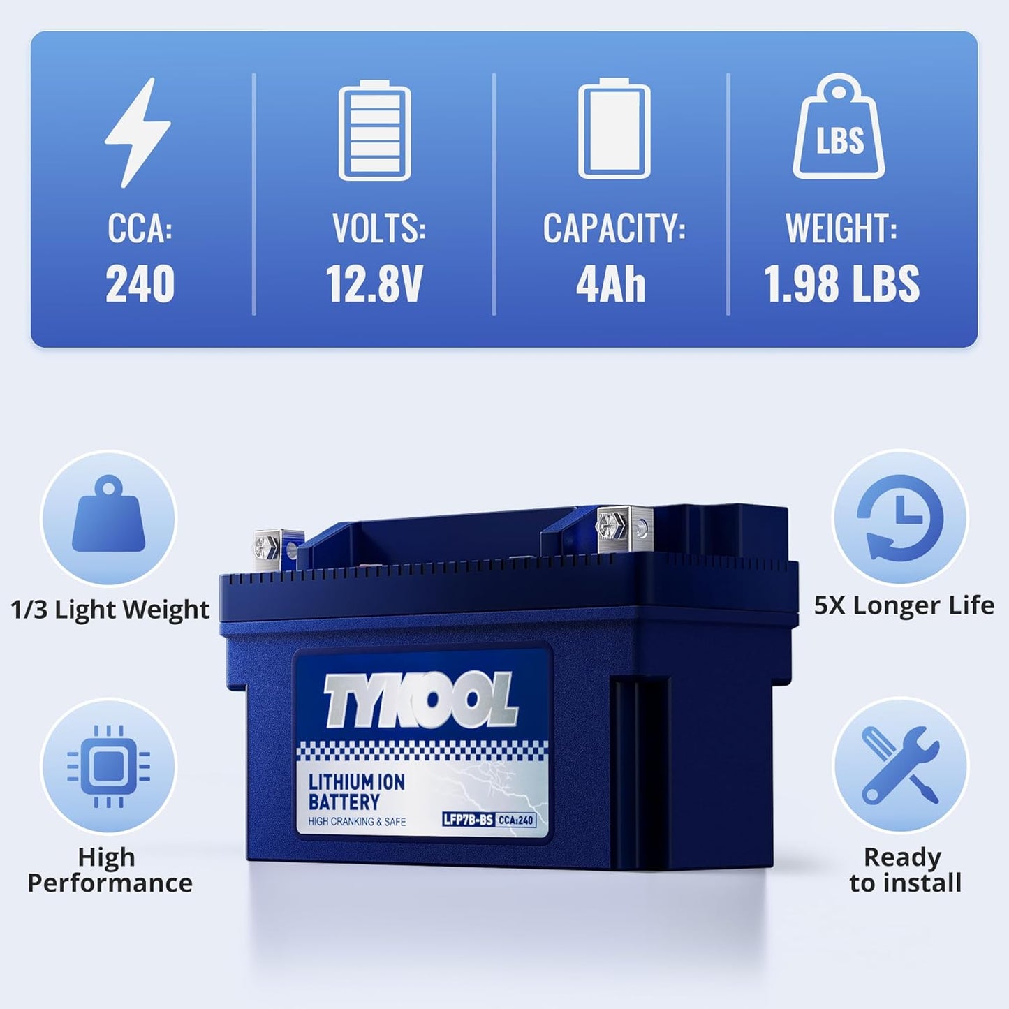 TYKOOL YT7B-BS, 240 CCA, 3X Cranking Amps,5X Life, High Performance Lithium LiFePO4 Motorcycle Battery,12V 4Ah,Fits for ATV,Fits for Ducati 1198cc,BRP (CAN-AM) 450cc ATV,Yamaha 125cc,150cc Scooter