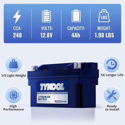 TYKOOL YT7B-BS, 240 CCA, 3X Cranking Amps,5X Life, High Performance Lithium LiFePO4 Motorcycle Battery,12V 4Ah,Fits for ATV,Fits for Ducati 1198cc,BRP (CAN-AM) 450cc ATV,Yamaha 125cc,150cc Scooter
