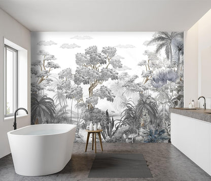 -Tropical Rainforest Botanical Grey Jungle Forest Fabric Wallpaper Living Room Palm Leaf Plant Bedroom Bathroom Large Wall Mural- 183"x120"（ not Peel and Stick）