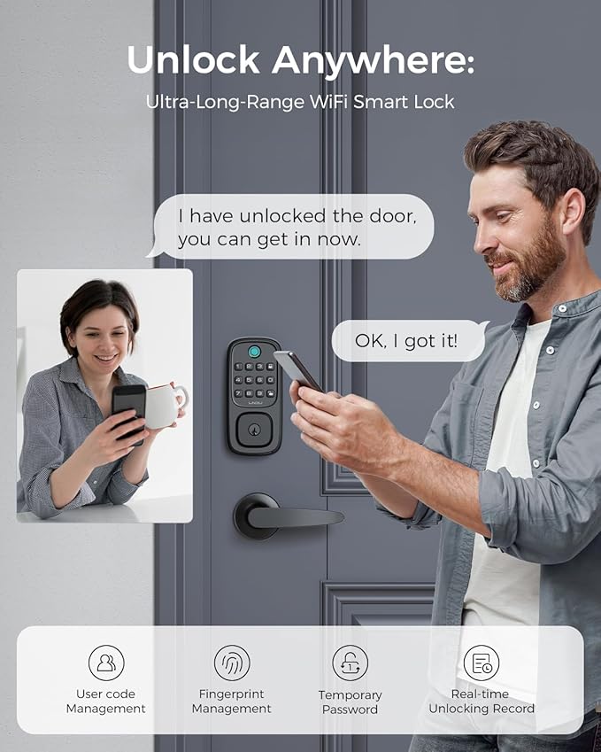 Keyless Entry Door Lock, WiFi Smart Keypad Deadbolt with Handle Set, Supports Fingerprint, Amazon Alexa, Google Assistant, App Control, Auto-Lock, One-Time Code, Anti-Peeking Password