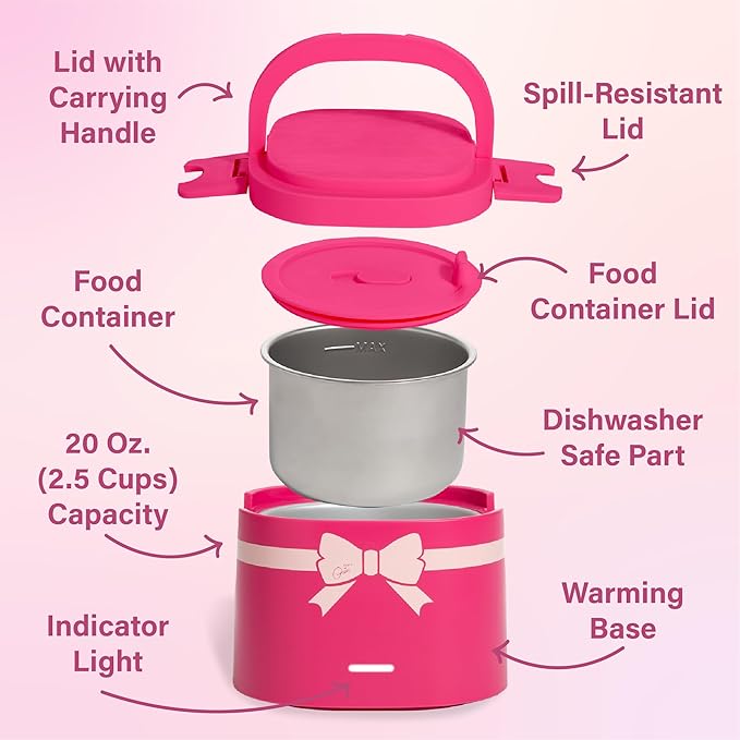 Paris Hilton Electric Lunch Warmer, 20-Ounce Stainless Steel Portable Food Container With Sealing Lid, Removable 2.5-Cup Inner Dish, Bow Front Decal, Hot Pink