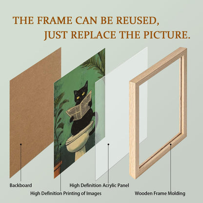 3 Pcs Wooden Framed Cute Black Cat Bathroom Wall Art Modern Style Canvas Prints Funny Posters Pictures Decorative Paintings Artworks Suitable for Living Room Bedroom Bathroom Gallery Style Design 16x24 In