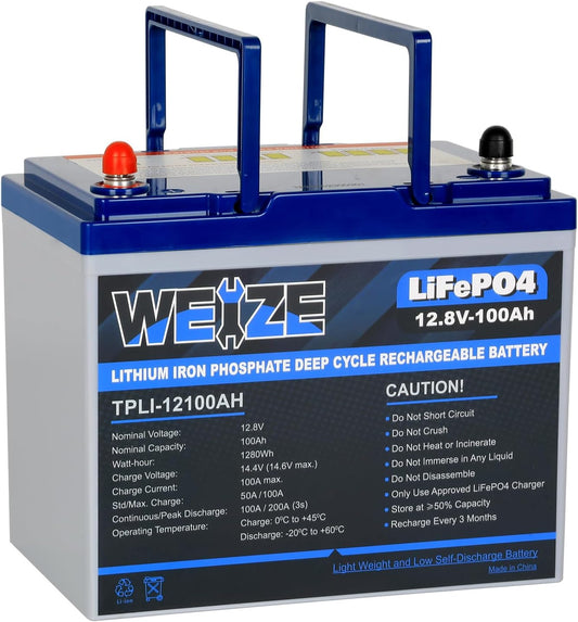 WEIZE 12V 100Ah Mini LiFePO4 Battery, Built-in 100A Smart BMS, Deep Cycle Lithium Iron Phosphate Battery Perfect for RV, Solar, Marine, Trolling Motor, Off Grid Applications, Backup Sump Pump