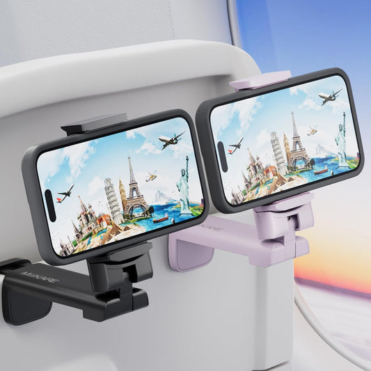 MiiKARE Airplane Travel Essentials Phone Holder, Universal Handsfree Phone Mount for Flying with 360 Degree Rotation, Accessory for Airplane, Travel Must Haves Phone Stand for Desk-Black&Purple