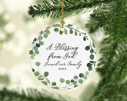 Andaz Press Custom Year Round Ceramic Porcelain Christmas Tree Ornament Keepsake Collectible Gift, A Blessing from God Adopted 2025, Farmhouse Eucalyptus Wreath, 1-Pack