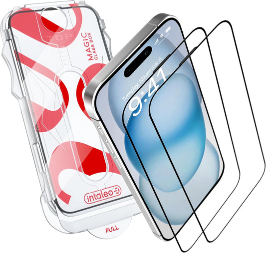 Tempered Glass Screen Protector for iPhone 15 – Full Edge-to-Edge Protection, 9H Hardness, Oleophobic Coating - Accessories For IPhone 15 Phone Protector with Applicator - Black Design