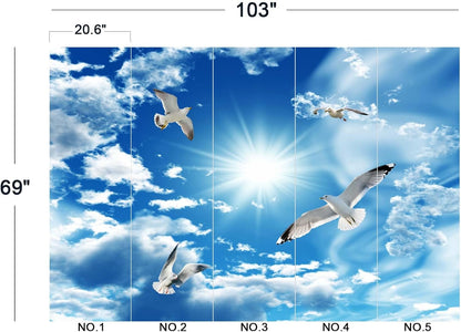 Blue Sky, White Clouds, Sunshine Seagull Ceiling Wall Mural Wallpaper 103" x 69"