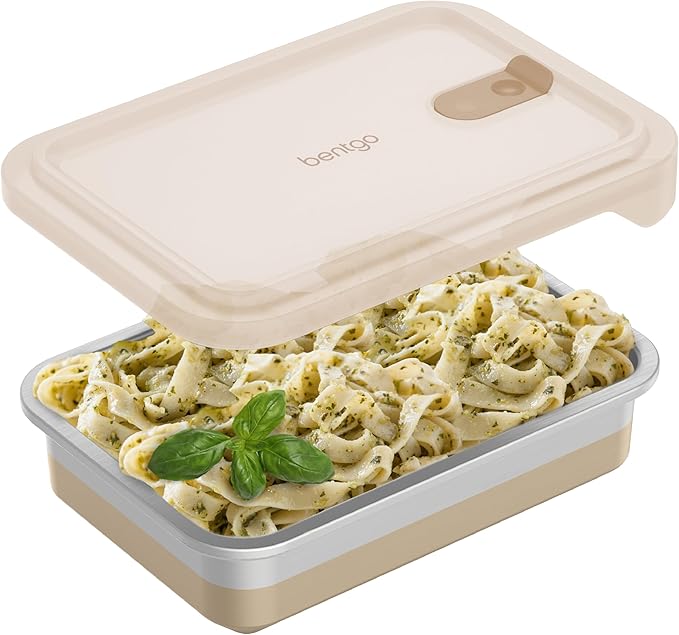 Bentgo MicroSteel Heat & Eat Container – Microwave-Safe, Leak-Proof & Airtight, Easy-to-Clean Lightweight Stainless Steel Reusable Food Storage with Silicone Lid (Dinner Size; 5.5-Cup Capacity; Gold)