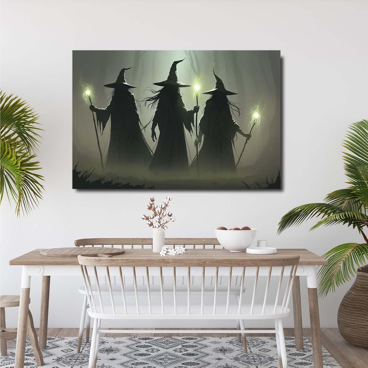 Vintage 3 witches canvas wall decor melancholy dark Halloween poster wall decor holding a staff print Gothic horror Halloween painting print for living room bedroom16x24in Wood Framed