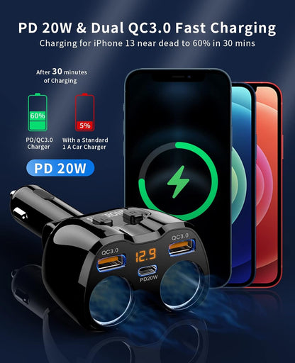 [2025 Upgraded] Cigarette Lighter Splitter, SUPERONE 180W 2-Socket Cigarette Lighter Adapter with Dual QC3.0 and 20W PD USB C Car Charger Splitter for GPS/Dash Cam/Laptop/iPad/iPhone 16/15/14/13/12/11