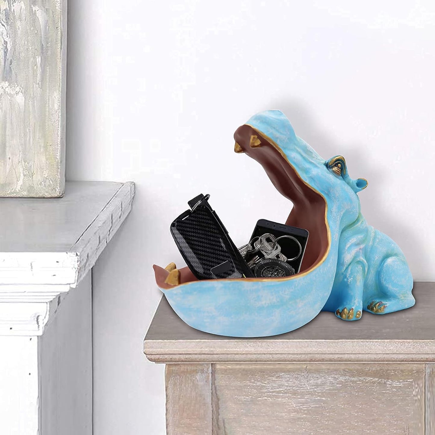 aboxoo Hippo Statue Home Resin Hippopotamus Figurine fun candy dish,Key bowl,big mouth Sculpture Table Art Decoration Sundries Container Storage Box (Light Blue)