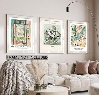 Sage Green Matisse Wall Art Posters Set of 3 Vintage Vin Gogh Flower Market Painting Decor Retro Open Window Canvas Prints Abstract Aesthetic Artwork Picture for Living Room Bedroom 12x16in Unframed
