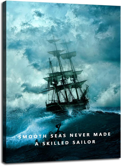 Motivational Wall Art Inspirational Canvas Poster Smooth Seas Never Made A Skilled Sailor Entrepreneur Quote Picture Home Office Decor Painting Framed and Stretched Ready to Hang [30''W x 40''H]