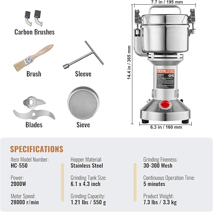 VEVOR 550g Electric Grain Mill Grinder, High Speed 2000W Commercial Spice Grinders, Stainless Steel Pulverizer Powder Machine, for Dry Grains Spices Cereals Coffee Corn Pepper, Straight Type