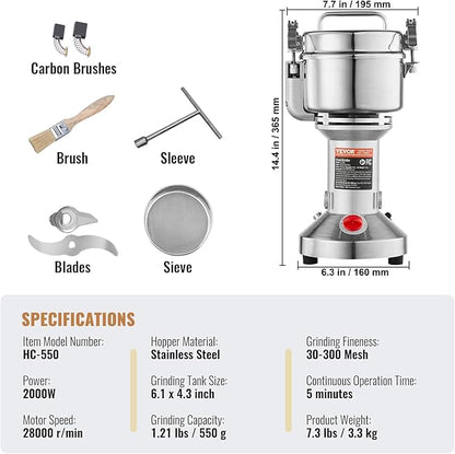 VEVOR 550g Electric Grain Mill Grinder, High Speed 2000W Commercial Spice Grinders, Stainless Steel Pulverizer Powder Machine, for Dry Grains Spices Cereals Coffee Corn Pepper, Straight Type