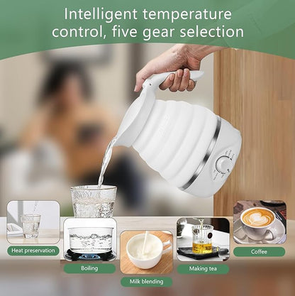 Travel Foldable Electric Kettle, Collapsible Kettle Travel Electric Collapsible Electric Tea Kettle Food Grade Silicone 850W Fast Boiling Water, 110V 700ml (White)