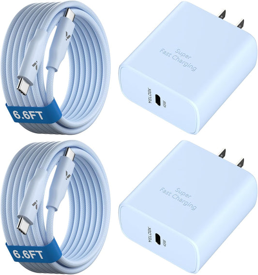 45W Super Fast Charger USB C, 45 Watt Type-C Android Phone Charger Fast Charging Block with 6.6FT Type C Cords for Samsung Galaxy S25 Ultra/S24 Ultra/S24+/S23 Ultra/S22 Plus/S20, Tab S9/S8 Ultra(Blue)