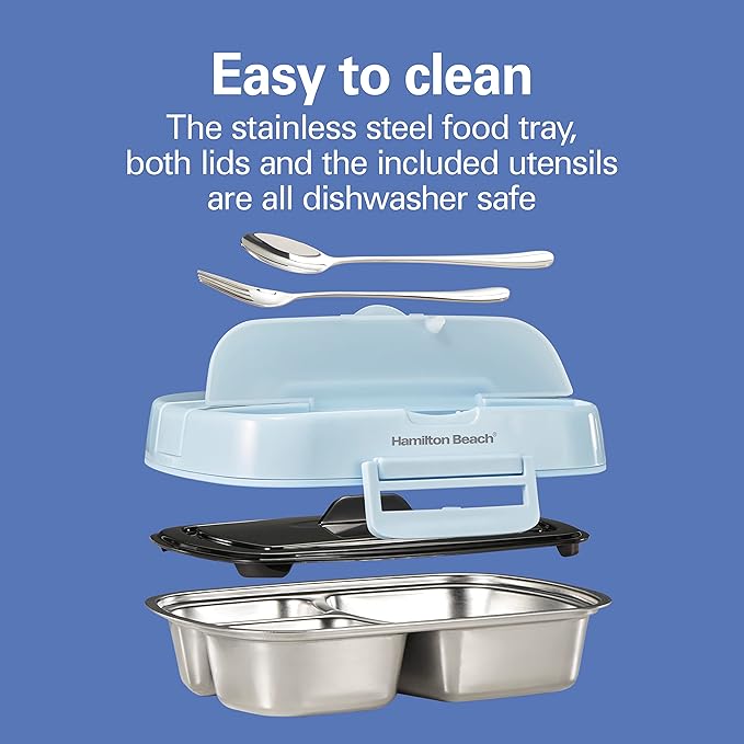 Hamilton Beach Portable Electric Lunch Box Food Warmer for Office & Car with 12V Adapter, 120V Plug, Stainless Steel 3 Compartment Tray, Insulated Carrying Bag, Fork & Spoon, Blue (33105)