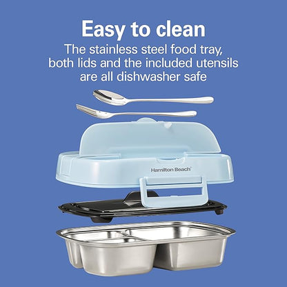 Hamilton Beach Portable Electric Lunch Box Food Warmer for Office & Car with 12V Adapter, 120V Plug, Stainless Steel 3 Compartment Tray, Insulated Carrying Bag, Fork & Spoon, Blue (33105)