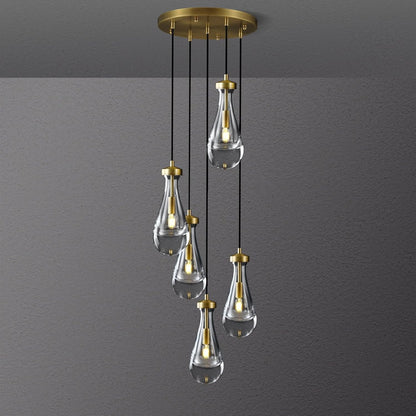 Gold 5 Light Cluster Pendant Lighting, Raindrop Chandeliers Brass Dining Room Lights Fixture, Teardrop Pendant Lights Kitchen Island, Hanging Lamp Ceiling for Entryway Foyer Staircase
