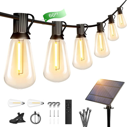 OHLUX 60FT Solar Globe String Lights Outdoor, Shatterproof Solar Patio Lights with Remote, 27 Dimmable ST38 LED Filament Bulbs, 2200K Soft Warm White Edison Hanging Light for Outside Canopy Deck