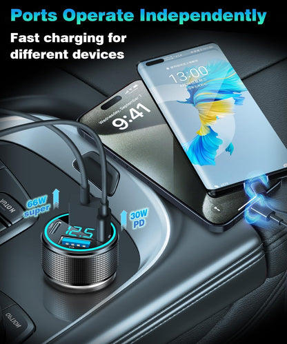 2 Packs of 66W USB C Car Charger 4 Port Car Charger Adapter with 30W PD, 3.1A Aluminium Alloy Car Cigarette Lighter USB Charger with LED Voltmeter Compatible with Phone 15 14 13
