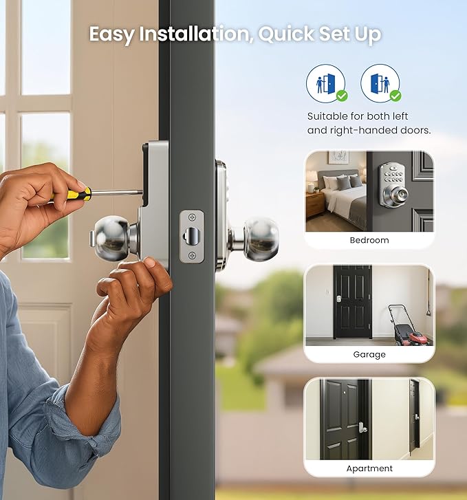 Veise Keypad Door Knob Lock, Keyless Entry Digital Lock with Handle, Electronic Smart Knob for Front Door & Bedroom, Easy Install, Auto Lock, Passage Mode, Anti-Peeping Password, Satin Nickel