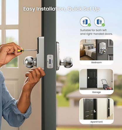 Veise Keypad Door Knob Lock, Keyless Entry Digital Lock with Handle, Electronic Smart Knob for Front Door & Bedroom, Easy Install, Auto Lock, Passage Mode, Anti-Peeping Password, Satin Nickel