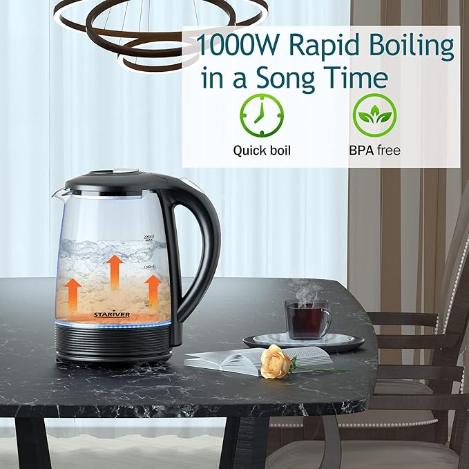 Stariver Electric Kettle, BPA-Free Glass Tea Kettle with LED, 2L Hot Water Kettle with Fast Boil, Auto Shut-Off & Boil-Dry Protection, Stainless Steel Inner Lid & Bottom, Black